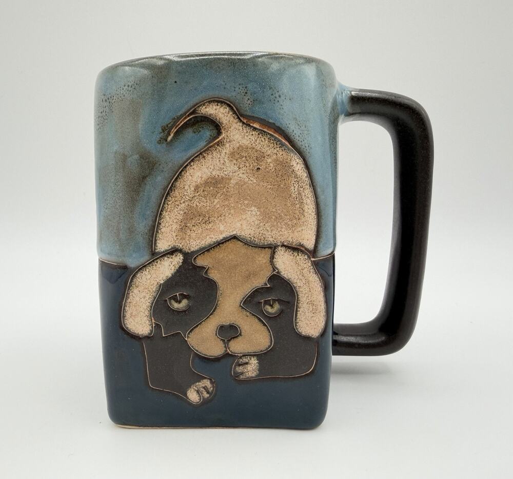 Mara Stoneware Playful Puppy Dogs Square 12oz Coffee Mug 4.5” Mexico Signed